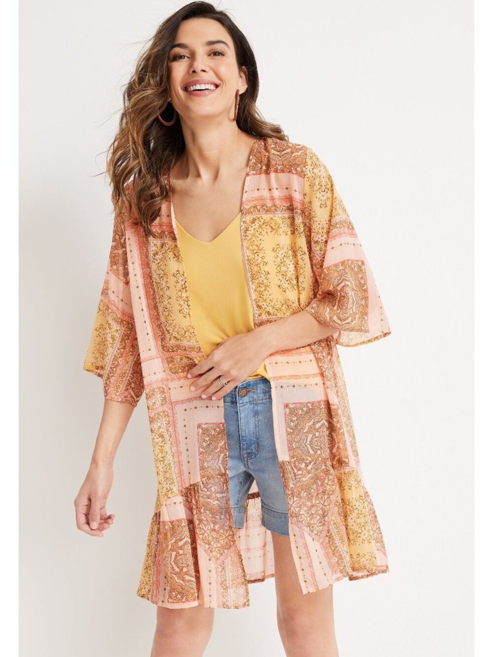Maurices Kimono Cardigan Small Open Front Mixed Print Scarf Patchwork Bohemian